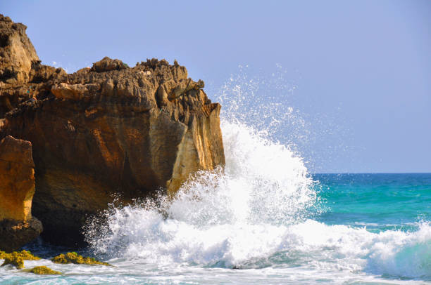 waves of the ocean hitting the edge of the rock mountain. - oman beach nature stone imagens e fotografias de stock