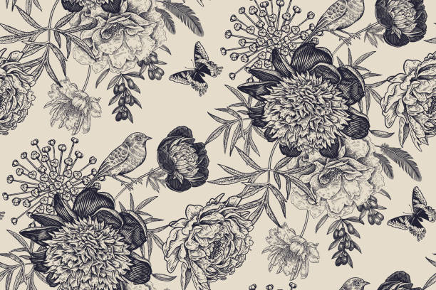 illustrazioni stock, clip art, cartoni animati e icone di tendenza di motivo floreale senza cuciture con peonie di fiori da giardino, uccelli e farfalle. - rose pattern victorian style seamless