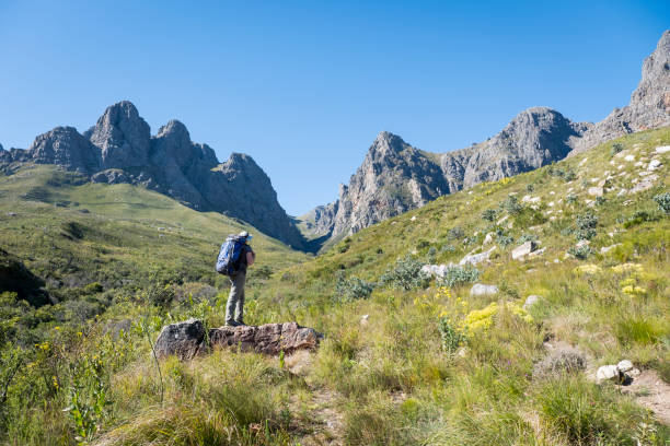 A mid adult man stands on top of some rocks and admires the large mountains. He is on a hike in the mountains. It is a beautiful clear day
