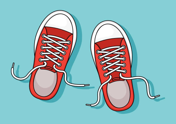 ilustrações, clipart, desenhos animados e ícones de sapatilhas vermelhas com sombra no fundo azul. vetor - cordão de sapato
