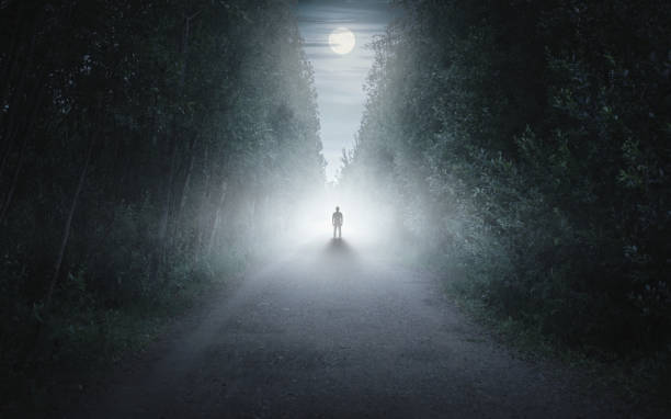 Silhouette of a man in a dark and foggy forest Male person walking alone in misty forest fairytale dark road stock pictures, royalty-free photos & images