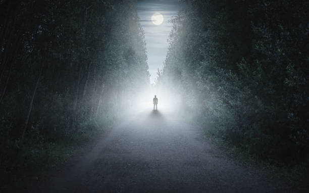 sylwetka mężczyzny w ciemnym i mglistym lesie - walking loneliness one person journey zdjęcia i obrazy z banku zdjęć