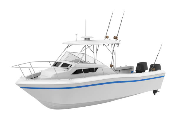 Fishing Boat Isolated Fishing Boat isolated on white background. 3D render fishing boat stock pictures, royalty-free photos & images