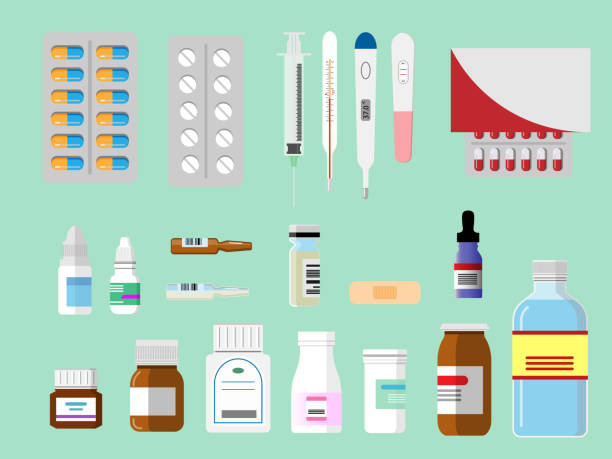 illustrazioni stock, clip art, cartoni animati e icone di tendenza di medicina, siringa, termometro della febbre, test di gravidanza e varie bottiglie di farmaci. concetto medico e farmaceutico sanitario. illustrazione vettoriale - pharmacy pill bottle container