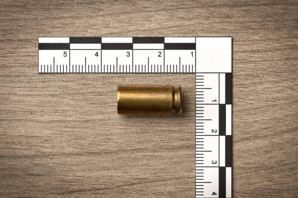 crime scene investigation Crime Scene Investigation - bullet casing as a piece of evidence placed with forensic ruler for documentation evidence stock pictures, royalty-free photos & images