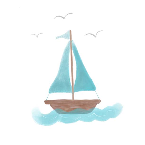 istock Sailboat with blue sails and a small striped flag on the waves. Cute cartoon sailboat Illustration in pastel colors on a white background. 1167721263