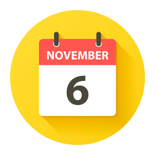 6 ноября - круглый ежедневный календарь икона в стиле плоского дизайна - isolated isolated on yellow yellow background single object stock illustrations