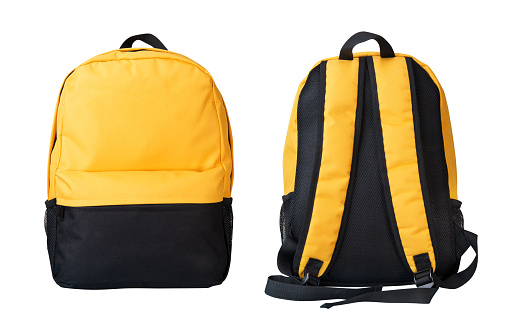 Yellow backpack front and back view isolated on a White