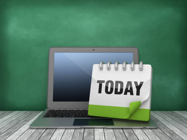 istock Laptop with TODAY Calendar on Chalkboard Background - 3D Rendering 1167725782