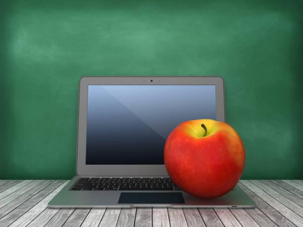istock Laptop with Apple on Chalkboard Background - 3D Rendering 1167725850
