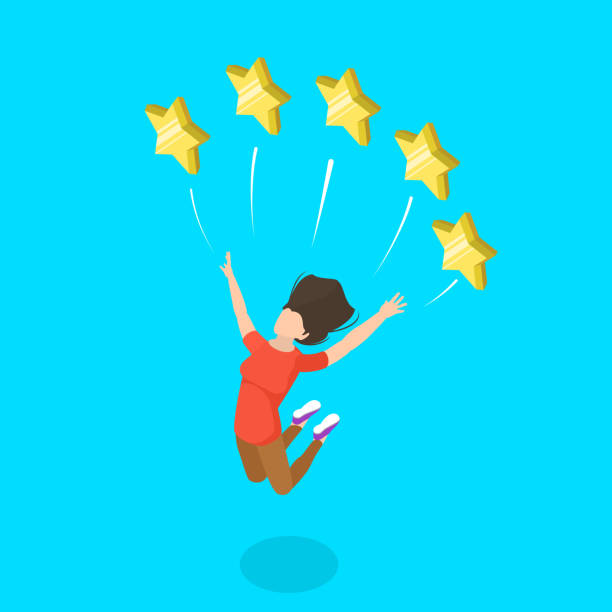 Isometric flat vector concept of five star rating, customer quality evaluation. Isometric flat vector concept of five star rating, customer quality evaluation, user feedback, excellent client satisfaction. suitable upper stock illustrations