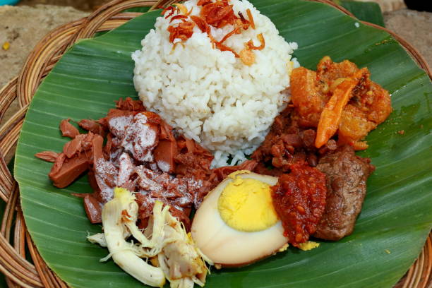 Nasi Gudeg. A signature rice dish from Jogjakarta. Jack fruit stew accompanied with spicy stew of cattle skin crackers and white chicken curry Nasi Gudeg. A signature rice dish from Jogjakarta. Jack fruit stew accompanied with spicy stew of cattle skin crackers and white chicken curry. In the background are the individual dish of gudeg meat gudeg stock pictures, royalty-free photos & images