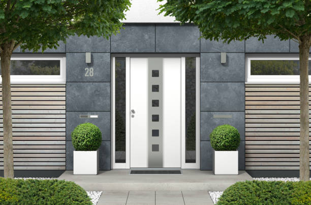 istock modern real estate bungalow home facade with front door, yard and trees 1167729652