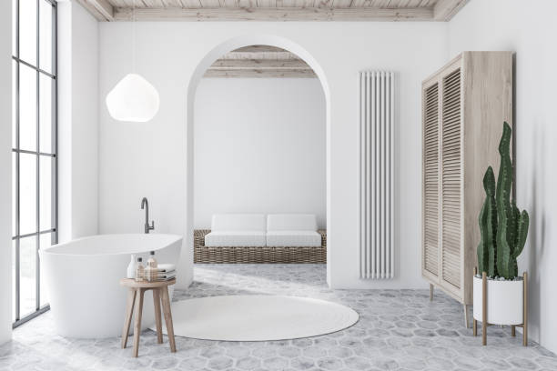 白いバスルームとリビングルームのインテリア - bathroom living room contemporary indoors ストックフォトと画像