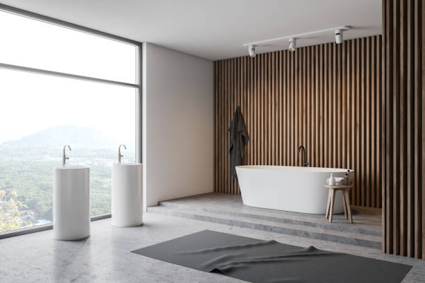 istock Loft wooden bathroom corner, tub and sink 1167732240