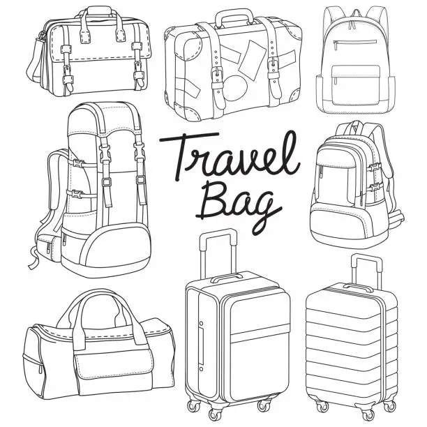 Vector illustration of Travel bag backpack doodle style vector illustration.