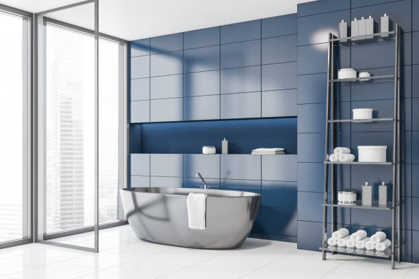 istock Blue tile bathroom corner with tub 1167733167