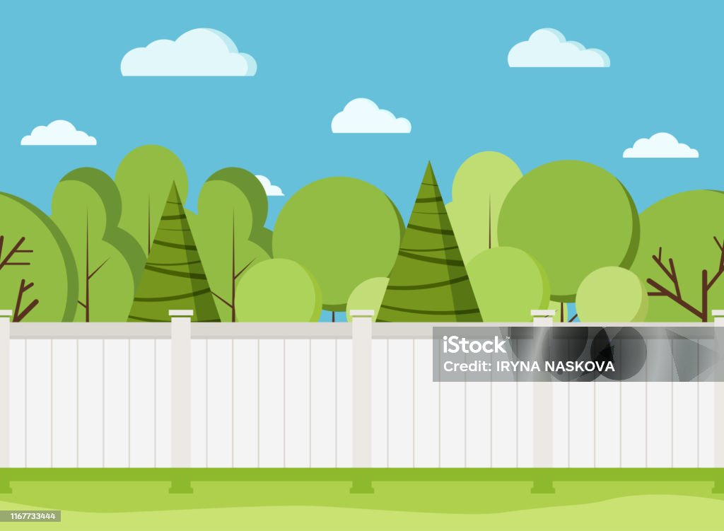 White wooden fence with trees. Modern rural white fence with green grass. White wooden fence with trees. Modern rural white fence with green grass, blue sky with clouds seamless border summer landscape background. Flat vector nature scene illustration in cartoon style. Yard - Grounds stock vector