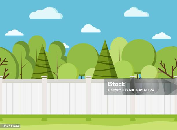 White Wooden Fence With Trees Modern Rural White Fence With Green Grass Stock Illustration - Download Image Now