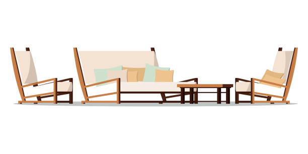 Vector flat design porch zone furniture illustration. Vector flat design porch zone furniture illustration. Cartoon style cozy garden yard, living room furniture - two armchairs with cushions, wood coffee table, soft sofa isolated on white background. single dining chair stock illustrations