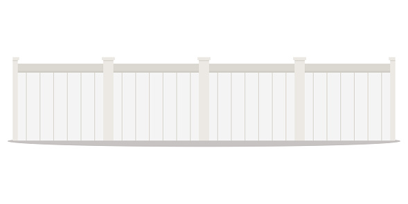 Vector flat design cartoon style illustration of a long row of white wood street picket fences.