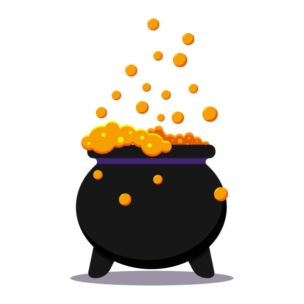 Halloween witches black cauldron with poison potion isolated on white background. Halloween witches black cauldron with poison potion isolated on white background. Icon image of magical boiling and bubbling pot. Flat cartoon style vector illustration. cauldron stock illustrations