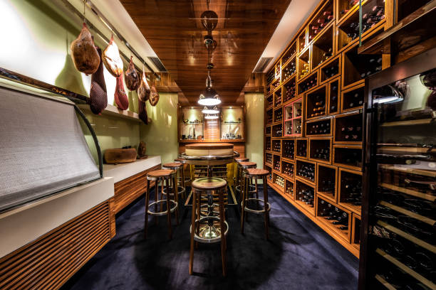 temperature and moisture regulated degustation room in a wine cellar of a luxurious yachting themed restaurant - dining nautical vessel recreational boat europe imagens e fotografias de stock