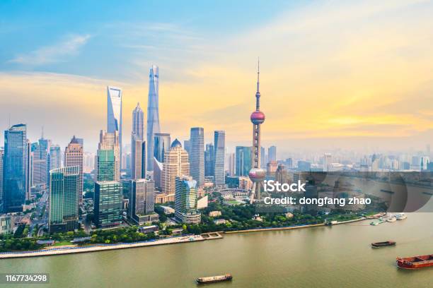 Aerial Photography Bird View At Shanghai Bund Skyline Stock Photo - Download Image Now