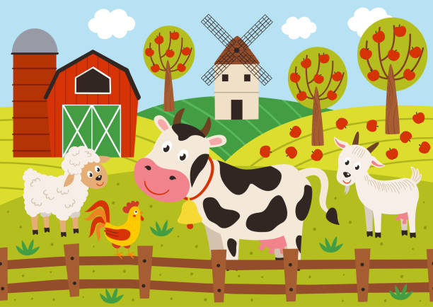 pets stand in the barnyard vector art illustration