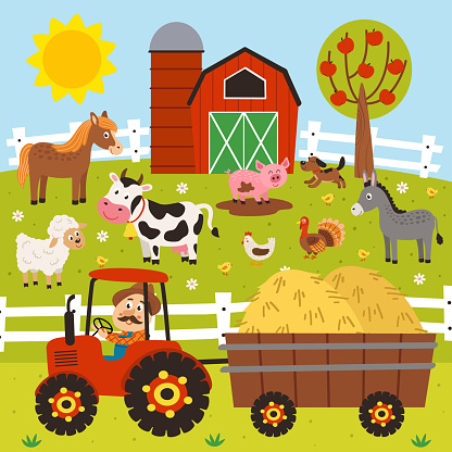 Farmer Rides A Tractor And Farm Animals Stand In The Barnyard Stock  Illustration - Download Image Now - iStock