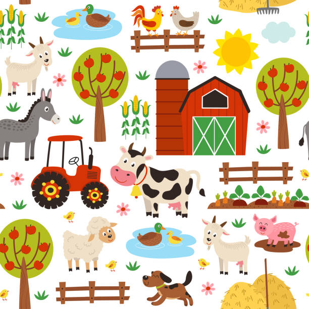 seamless pattern with farm animals on white background vector art illustration