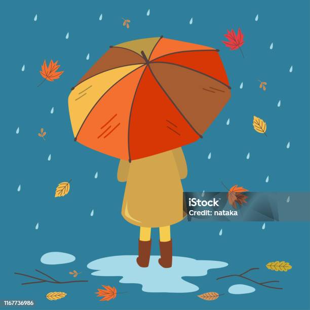 Autumn Card With A Girl Under An Umbrella Stock Illustration - Download Image Now - Rear View, Girls, Rubber Boot
