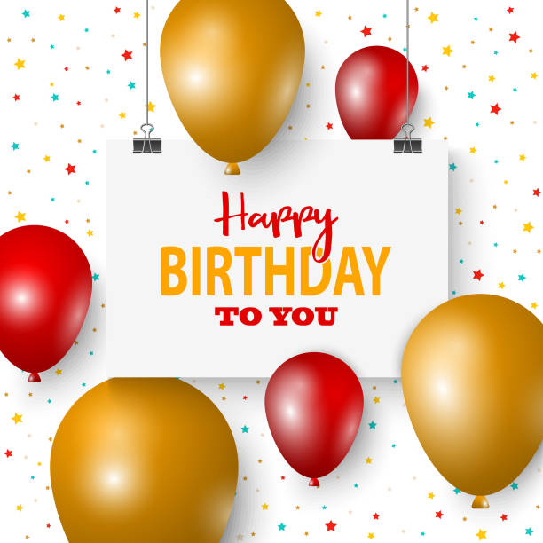 Birthday poster with hanging signs and balloons on background Birthday poster with hanging signs and balloons on background vector eps 10 birthday birthday card greeting card cheerful stock illustrations