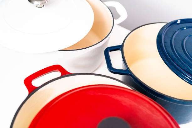 istock Red, white and blue enameled cast iron covered round dutch ovens 1167739854