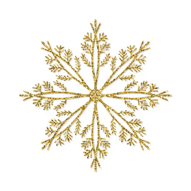 Vector illustration of Gold Glitter Snowflake Ornament. Design Element for Christmas and New Year Greeting Cards and Designs. Sparkling Golden Snowflake with Glitter Texture. Winter Holidays Decoration Design Element.