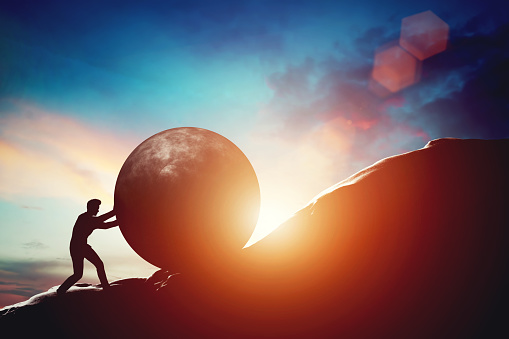 Man pushing huge concrete ball up hill. Sisyphus metaphor. Sisyphean work, big challenge concept. 3D illustration