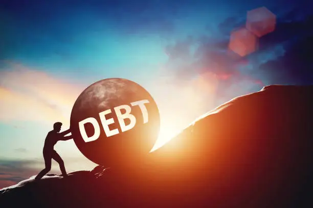 Debt problem. Man pushing huge concrete ball up hill. Financial problems concept. 3D illustration