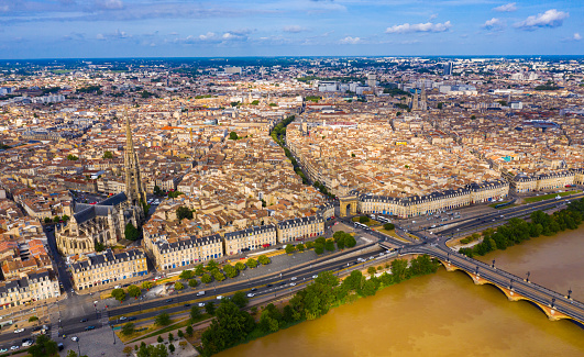 Aerial cityscape of French city Bordeaux and Garonne river