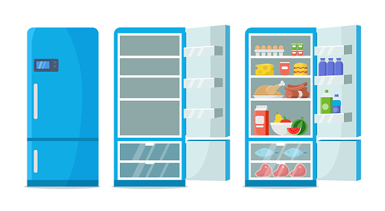 Flat fridge vector. Closed and open empty refrigerator. Blue fridge with healthy food, water, meet, vegetables
