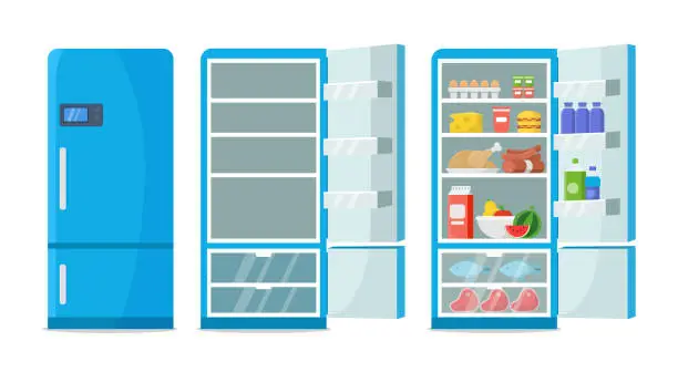Vector illustration of Flat fridge vector. Closed and open empty refrigerator. Blue fridge with healthy food, water, meet, vegetables