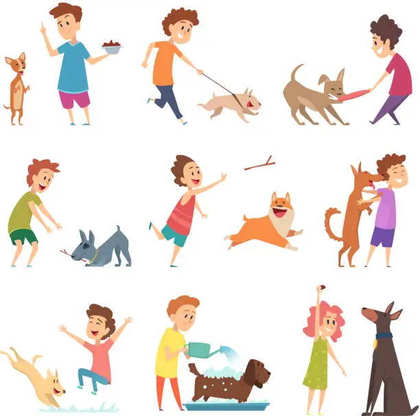 Vector illustration of Pets and kids. Happy little puppy dogs and their owners hugging playing smiling feeding vector animals