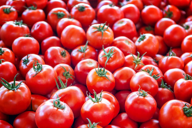istock Red tomato fruits, top view, background and texture 1167745967