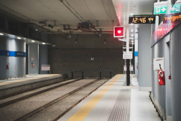 istock Interior of underground airport train station. 1167751079
