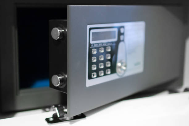 Black small home or hotel safe with keypad. stock photo
