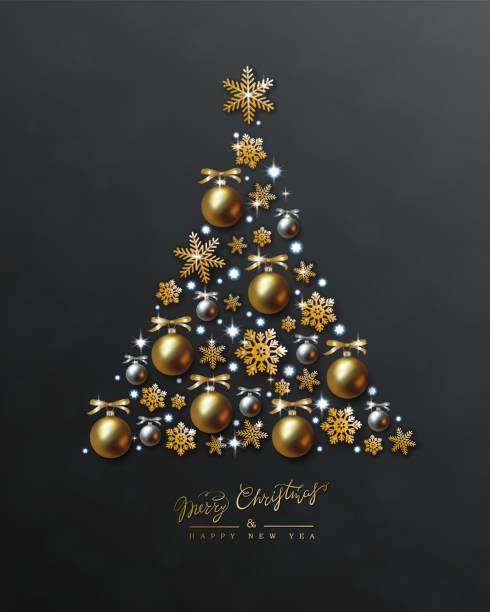 istock Christmas tree, golden ball, snowflake, lights, black background. New Year Design 1167753754