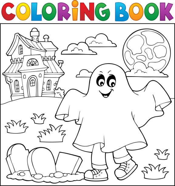 ilustrações, clipart, desenhos animados e ícones de menino do livro de coloração no traje 1 do fantasma - sheet