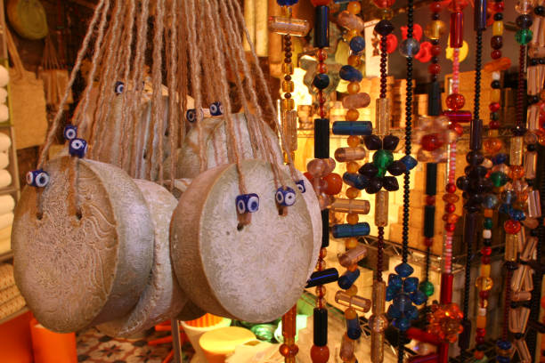 Old and traditional Ottoman soaps. Round form and evil eye bead decor. Horizontal closeup detail.