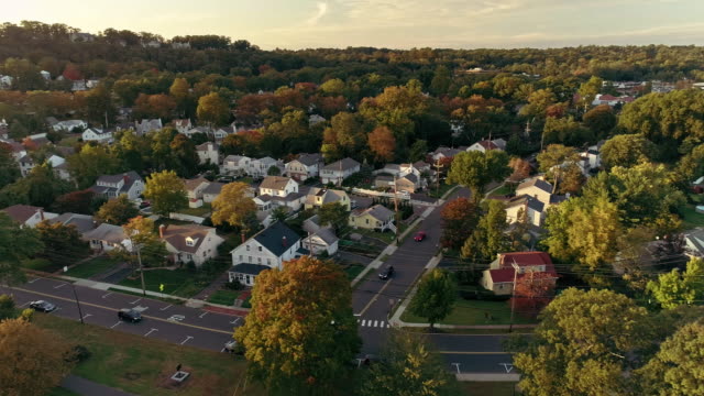 Aerial view of Springfield, New Jersey, USA, at sunset. Drone video with the panoramic camera motion.