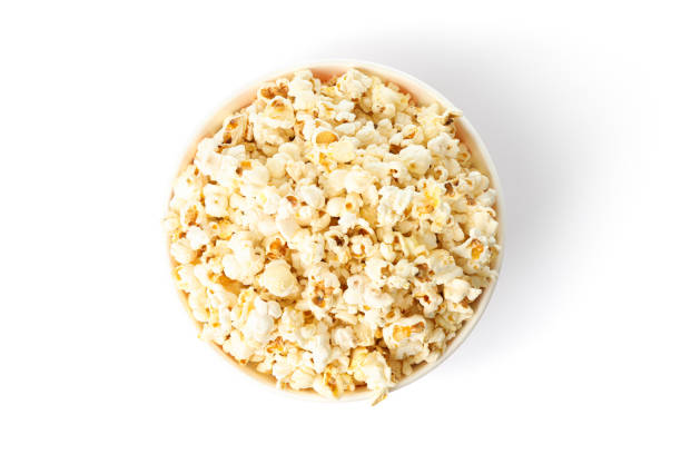 istock Striped bucket with popcorn isolated on white background, top view 1167761477