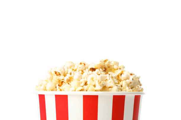 istock Striped bucket with popcorn isolated on white background 1167763160